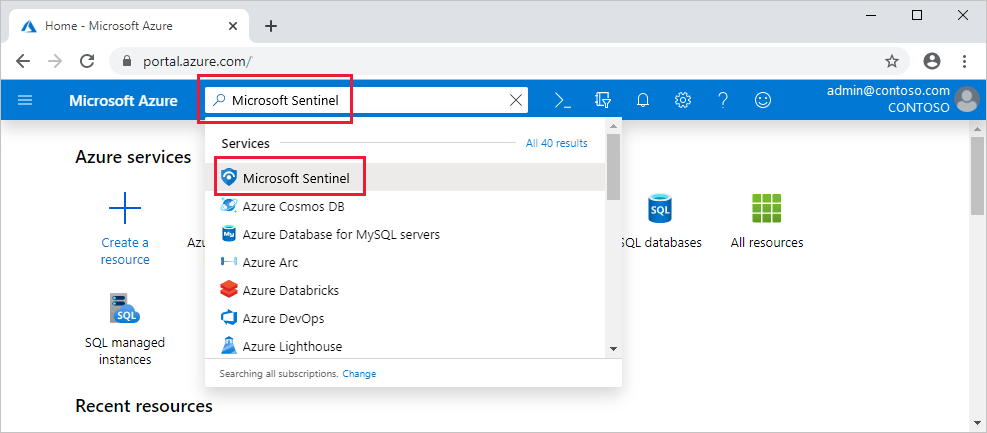searching for Microsoft Sentinel in Azure portal