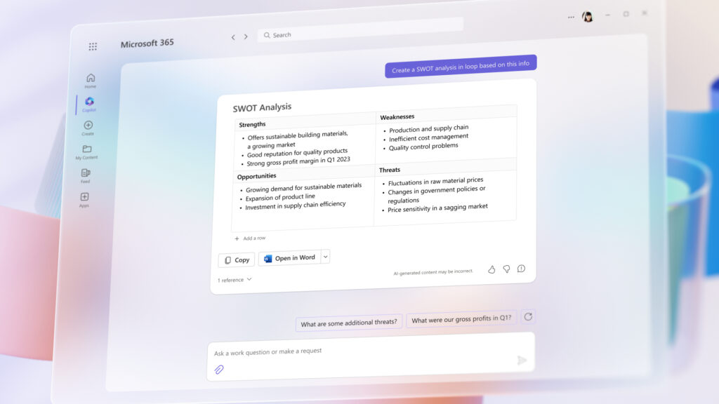 Microsoft copilot generating a swot analysis