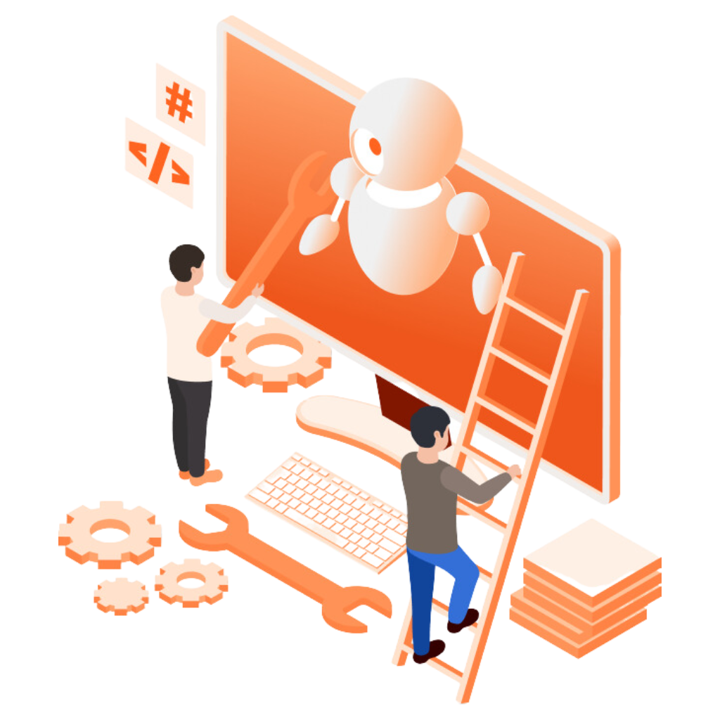 illustration of people fixing a computer screen with robot helper