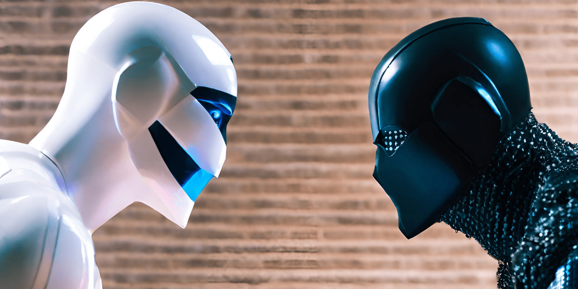an image of futuristic white humanoid robot facing off against a futuristic black humanoid robot 