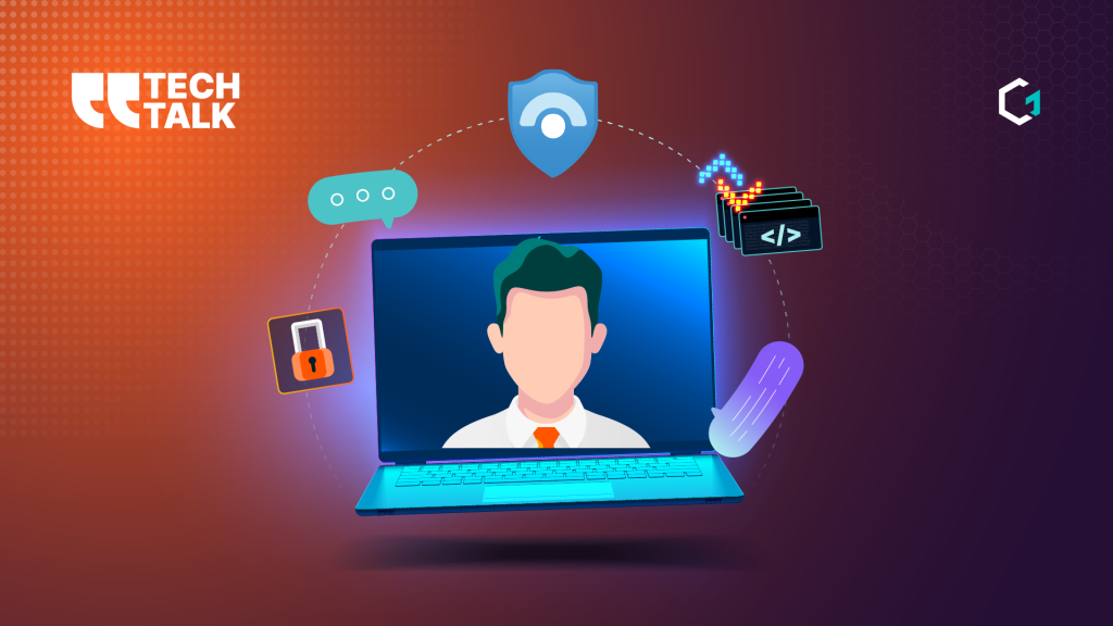 Cartoon image of person in laptop screen with technical items surrounding it