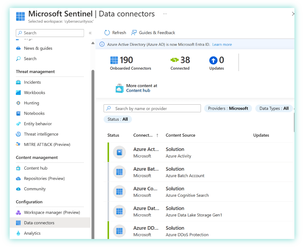 screenshot of data connectors in microsoft sentinel