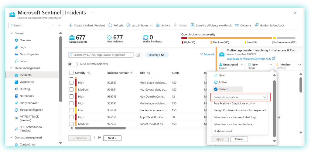 screenshot of managing an incident in microsoft sentinel