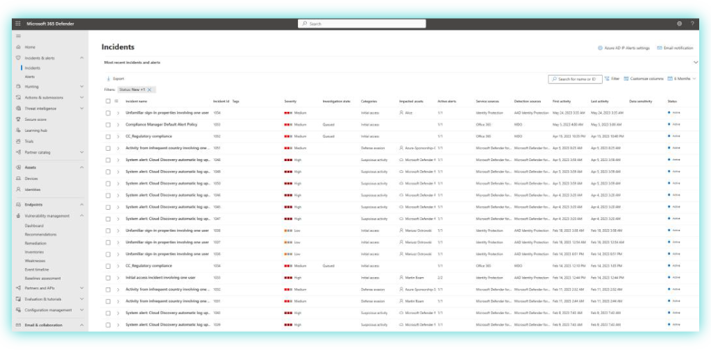 screenshot of incidents in microsoft sentinel threat protection engagement