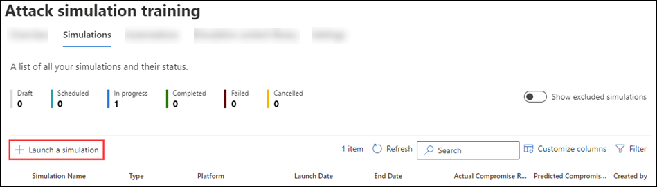 The Launch a simulation button on the Simulations tab in Attack simulation training in the Microsoft Defender portal