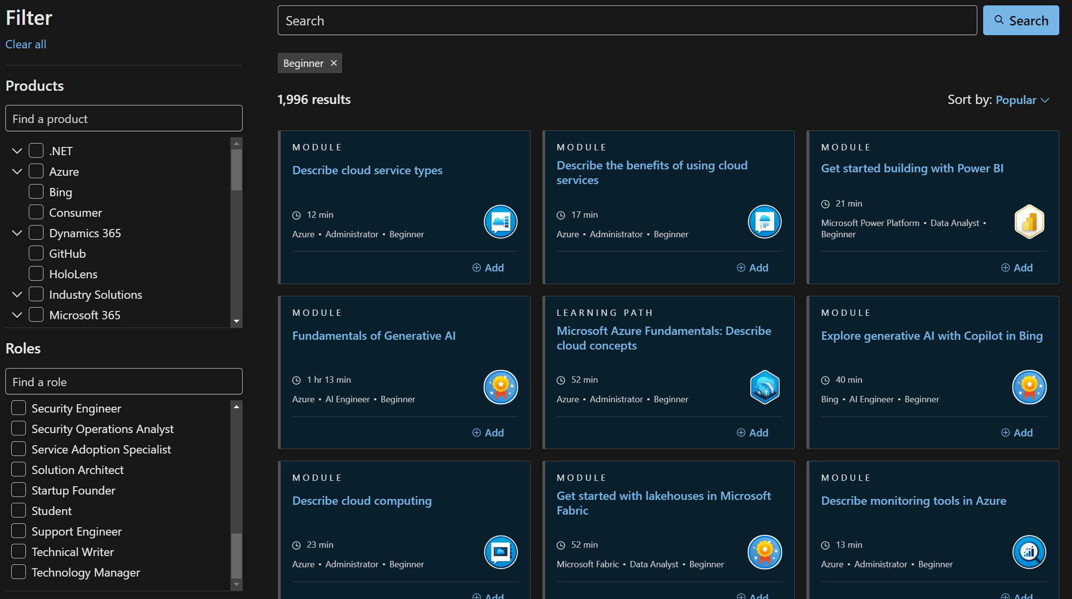 Screenshot of Microsoft Learn