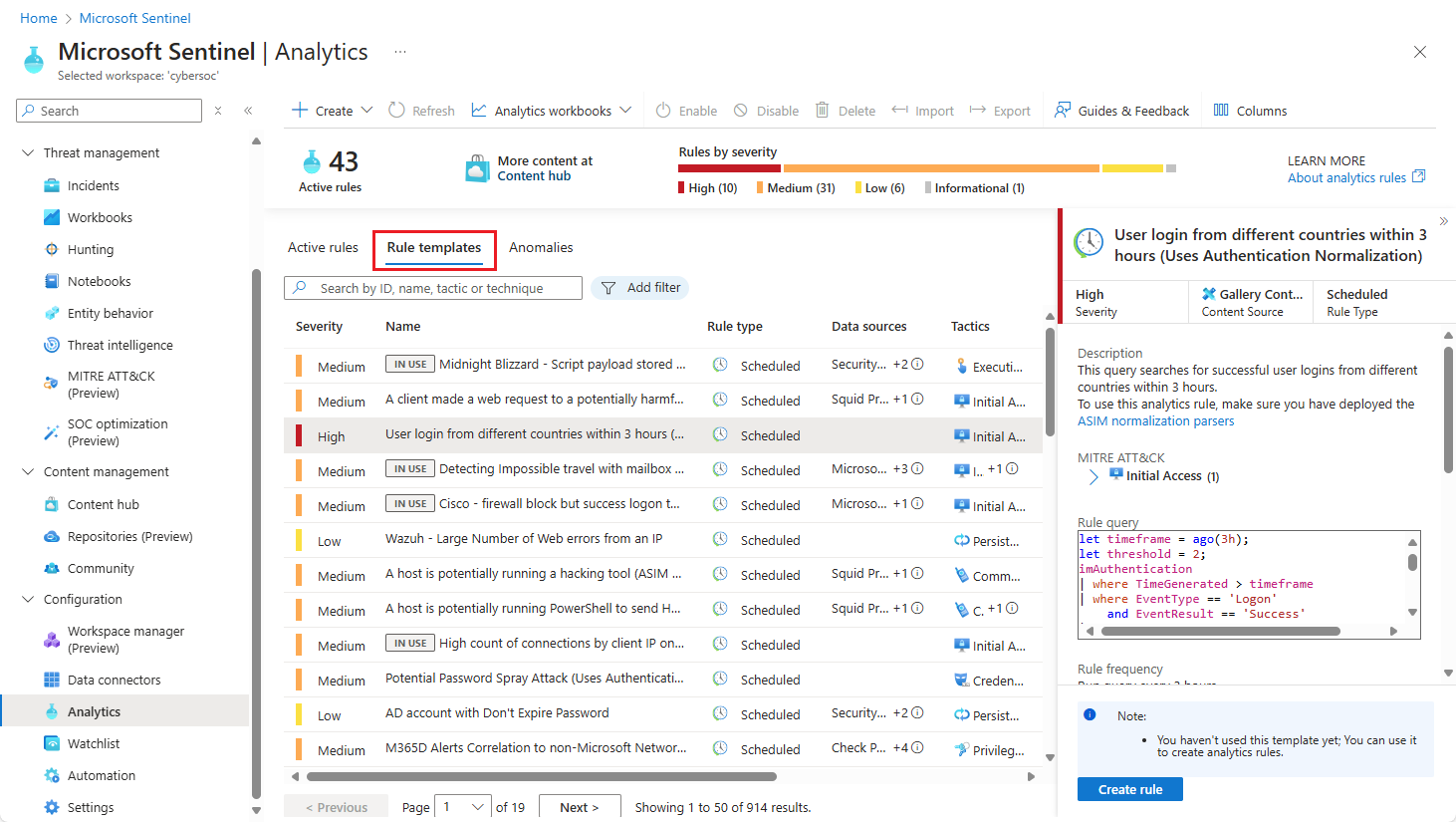 Screenshot of scheduled analytics rule templates in Microsoft Azure portal.