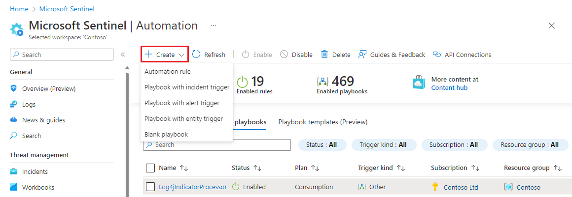 Screenshot shows Azure portal and Microsoft Sentinel Automation page with Create selected.