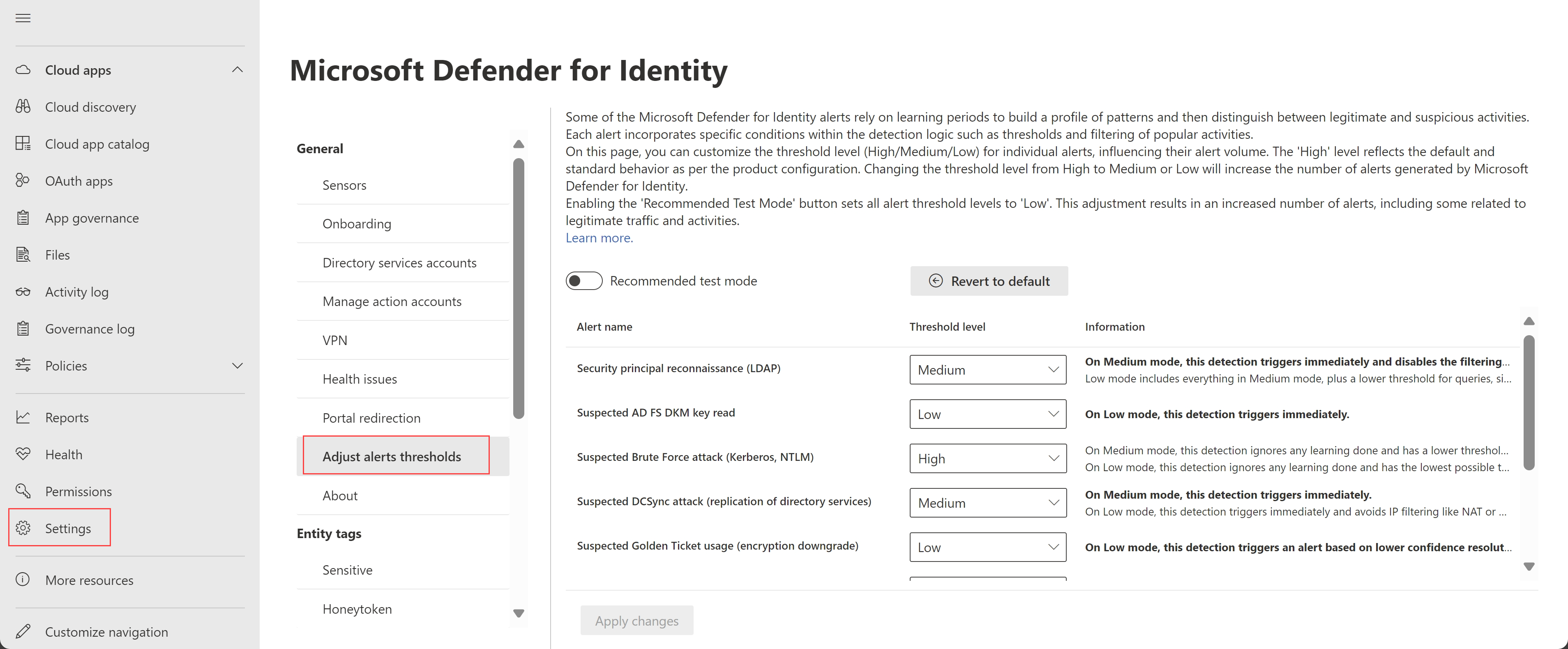 Screenshot of the Adjust alert thresholds page in Microsoft Defender