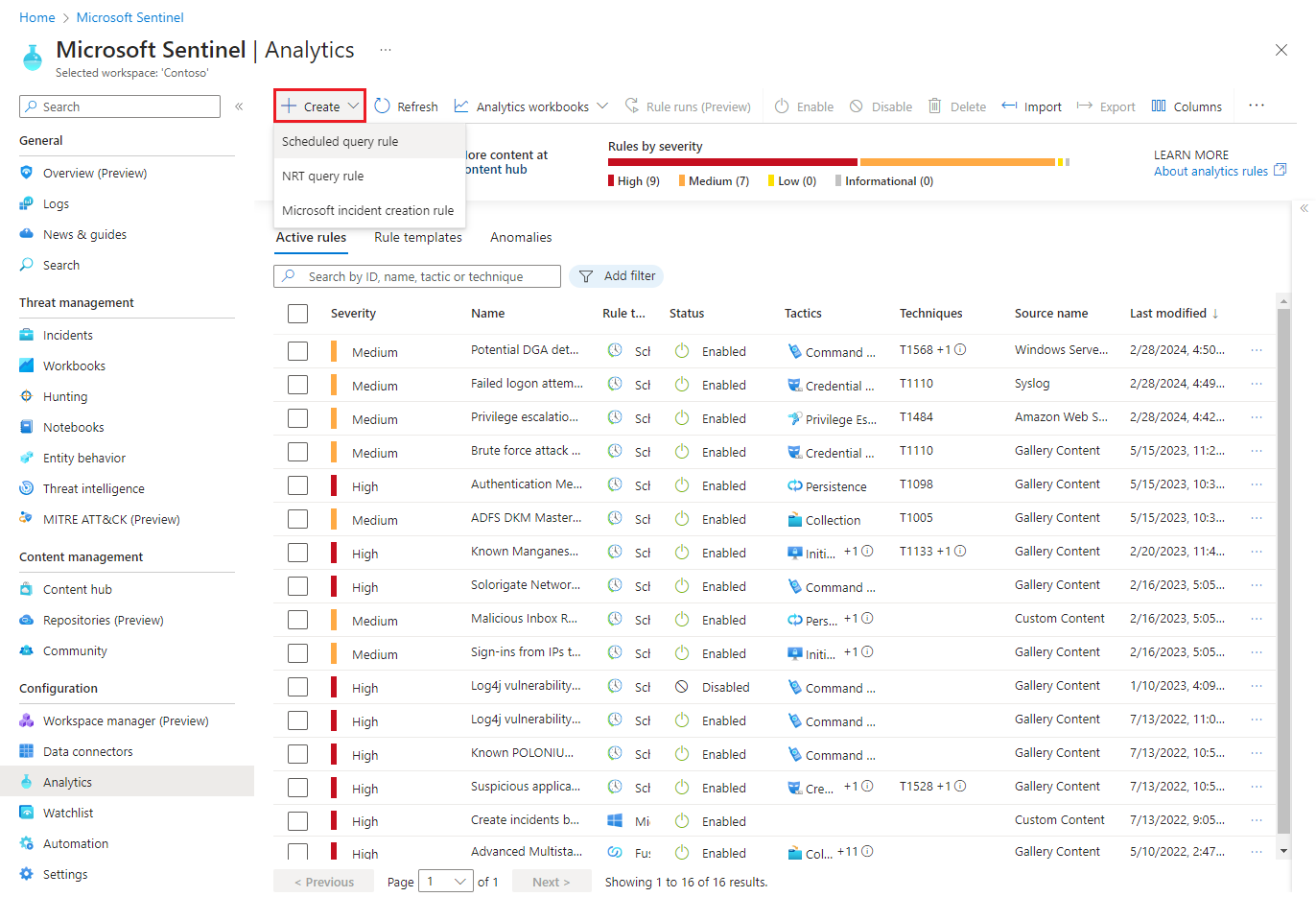 Screenshot of Analytics screen in Microsoft Sentinel