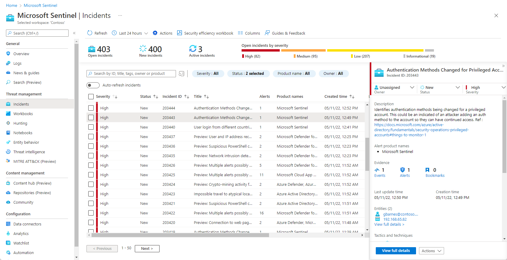 Screenshot of incidents page in the Azure portal.