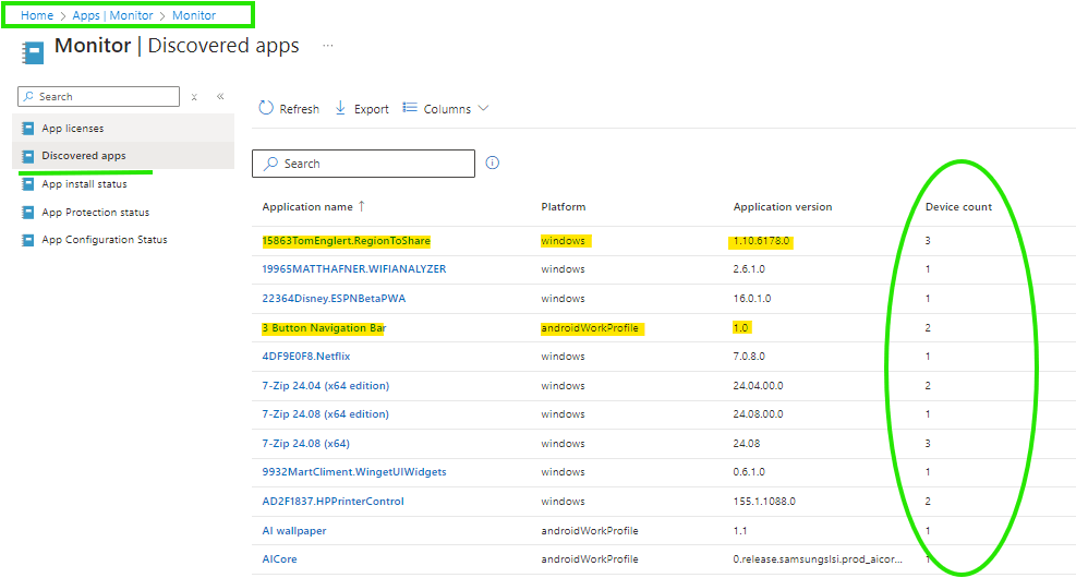 Screenshot of the Discovered Apps section in Microsoft Intune, displaying a list of installed applications on managed devices with details such as app name, publisher, version, and number of devices.