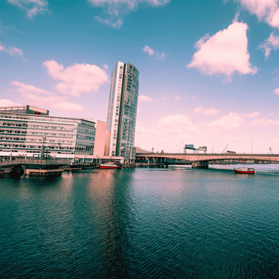 Buildings by the water.