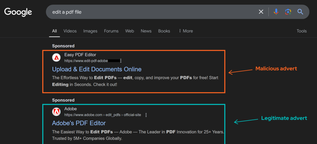 A screenshot of a Google search for a PDF editor, one is real one is malvertising in the search results. The malicious ad is highlighted in red and the real ad in green.