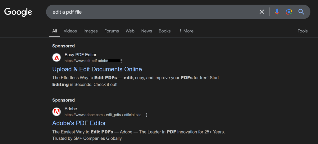 A screenshot of a Google search for a PDF editor, one is real one is malvertising in the search results.