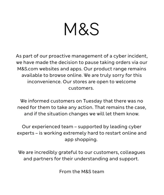 Email from M&S during hack