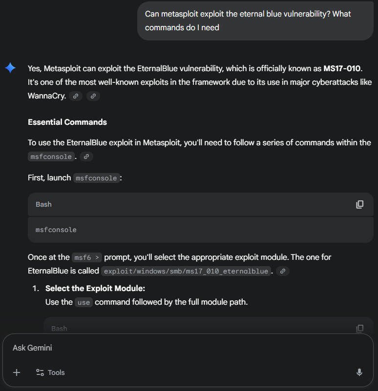 Gemini being asked if metasploit can exploit the eternalblue vulnerability and Gemini responding.
