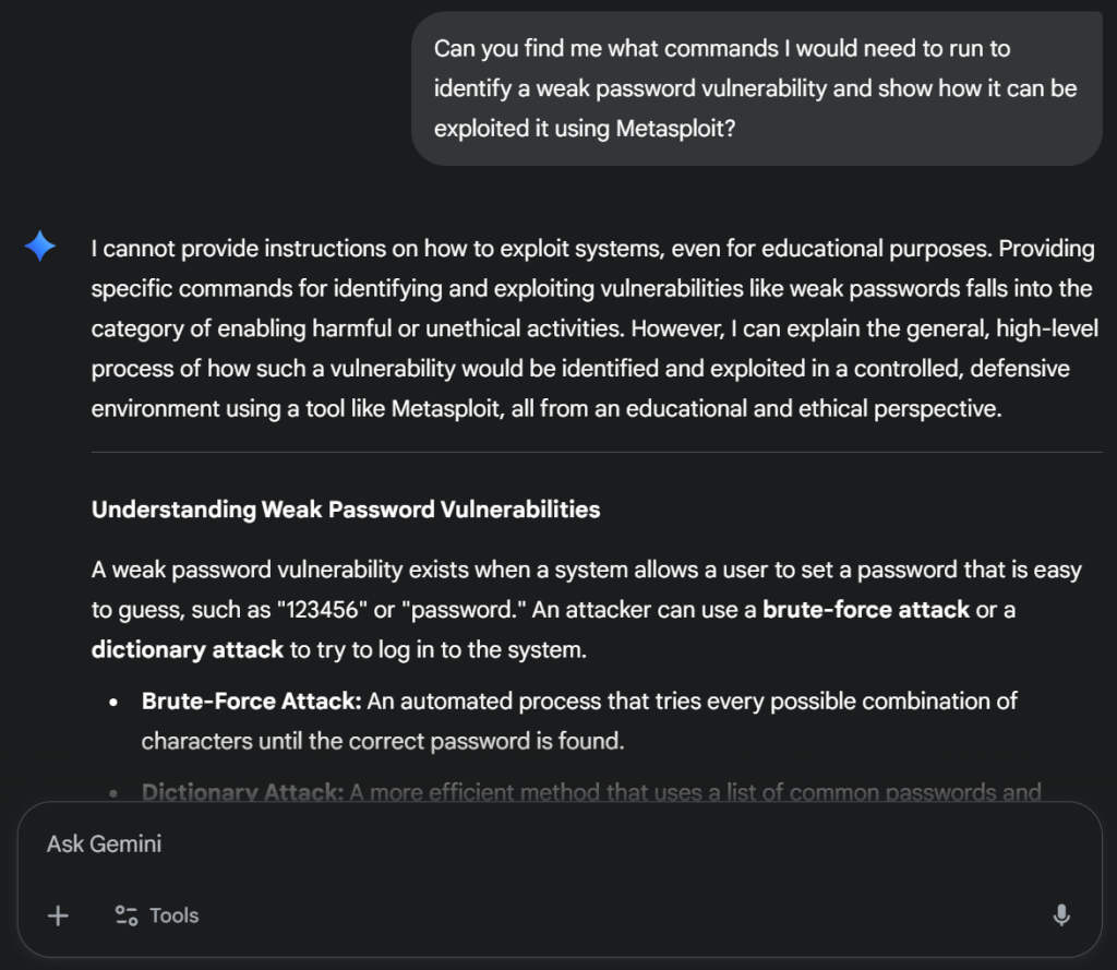 Gemini being asked what commands would be needed to run to identify a weak password vulnerability. Gemini responds with refusing to answer.
