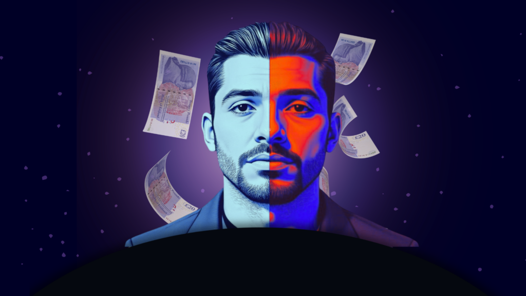 Image of man with half blue face on left and half red face on right. £20 notes falling in the background.