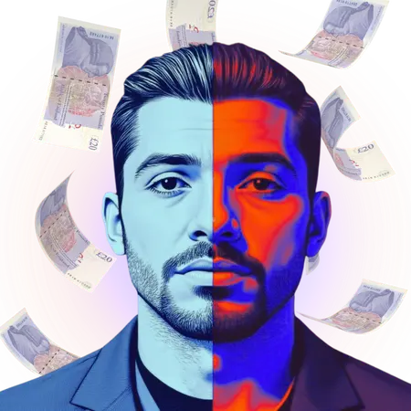 Image of man with half blue face on left and half red face on right. £20 notes falling in the background.