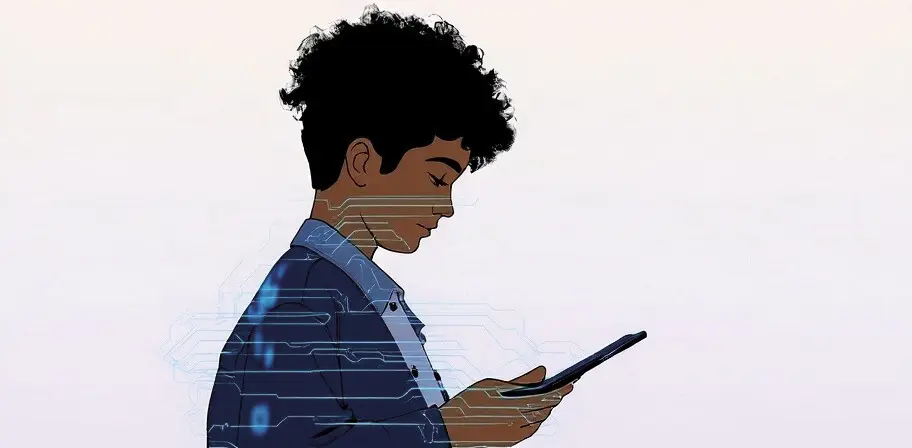 Woman looking at tablet with cyber imagery across the top.