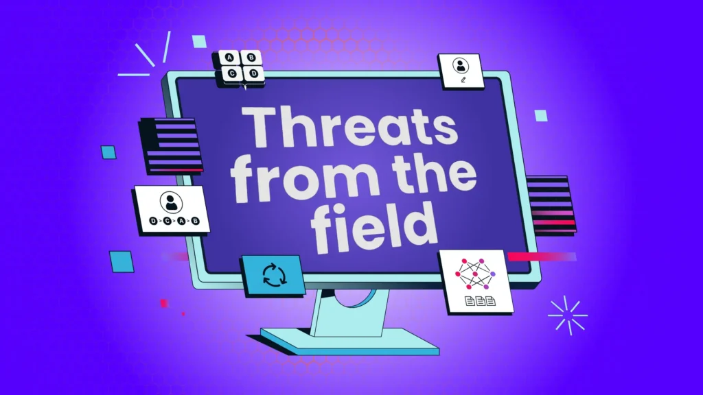 purple background with computer that says threat from the field in cartoon like design