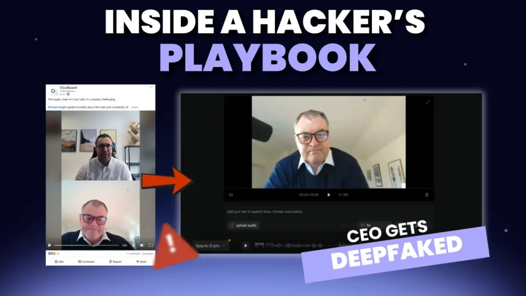 two men talking on a podcast posted on linkedin with a red arrow pointing towards a deepfake