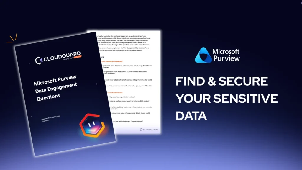 Promotional graphic for CloudGuard's 'Microsoft Purview Data Engagement Questions' document (dated 30/07/2026, version 0.1), showing the cover page and an inside page of sample questions, alongside the Microsoft Purview logo and the tagline 'Find & Secure Your Sensitive Data.'